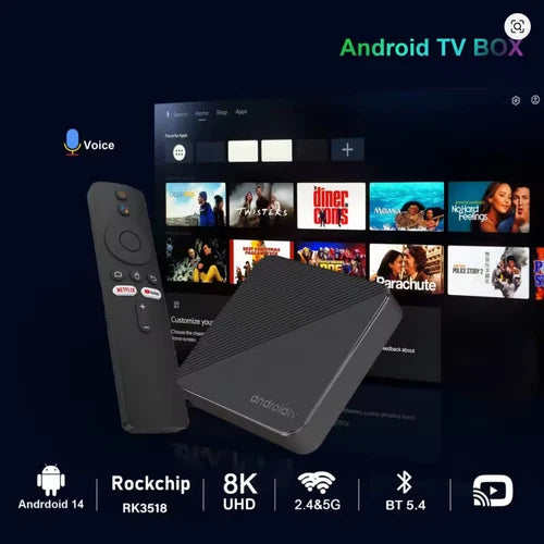 Smart TV Box Android 14 8K – Quad Core HDR10+ WiFi 6 BT5, 16 Go Multimédia